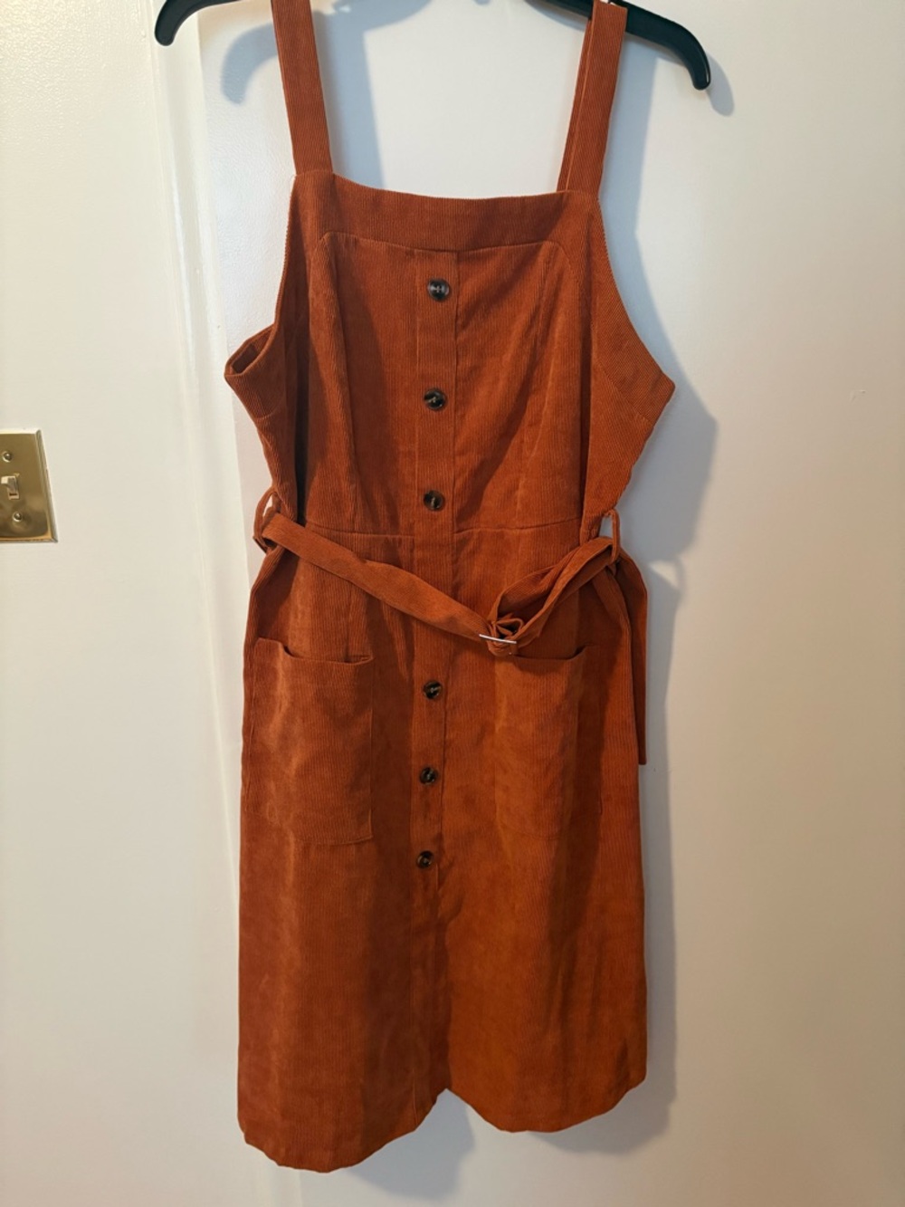SHEIN Rust Corduroy Button-Front Midi Pinafore Dress